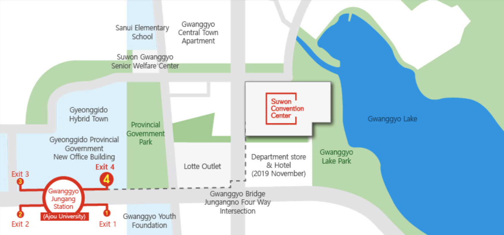 Walking route from Exit 4 of Gwanggyo Jungang Station to Suwon Convention Center